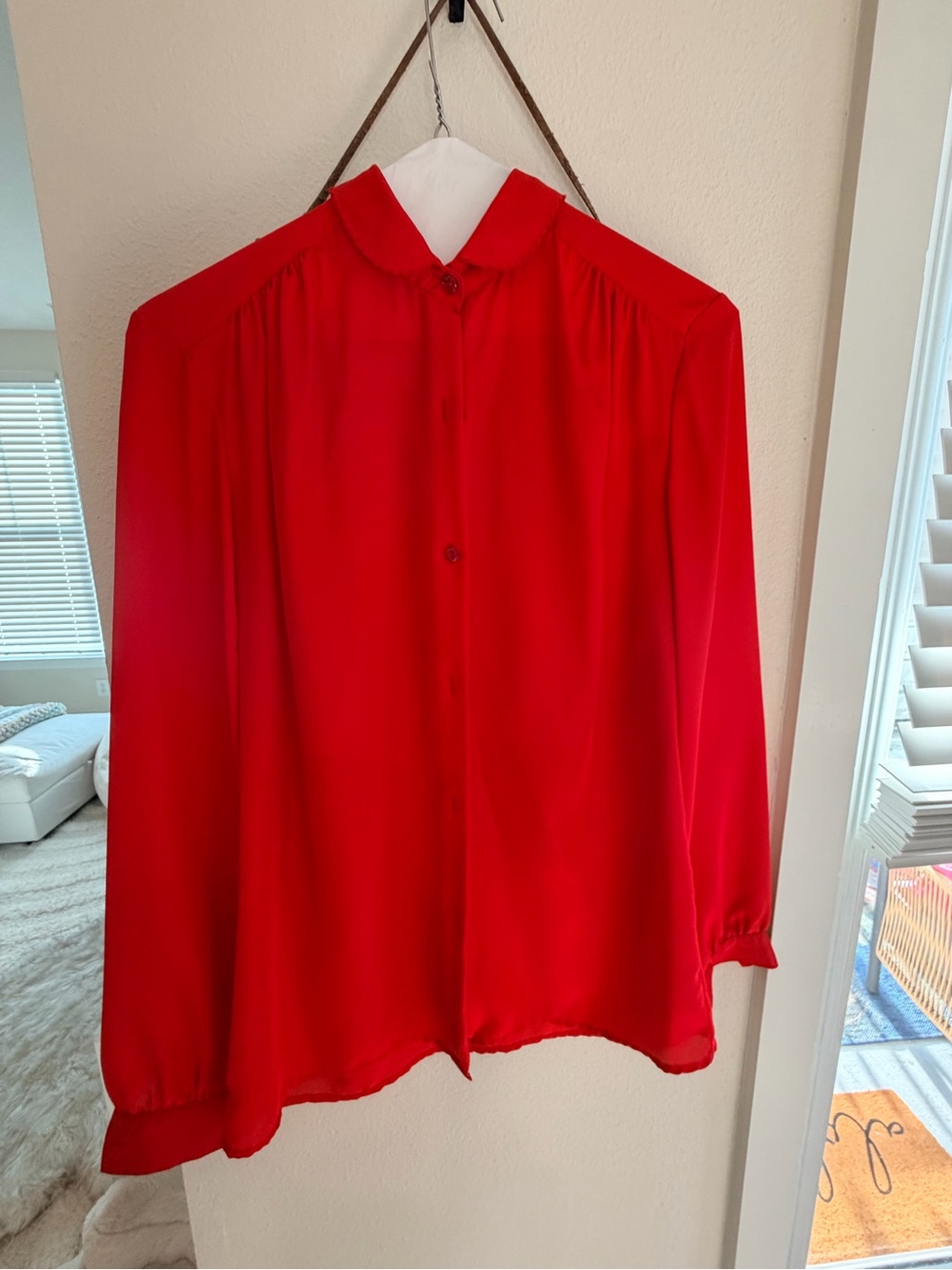 Women's Red Button-Front Blouse with Rounded Collar